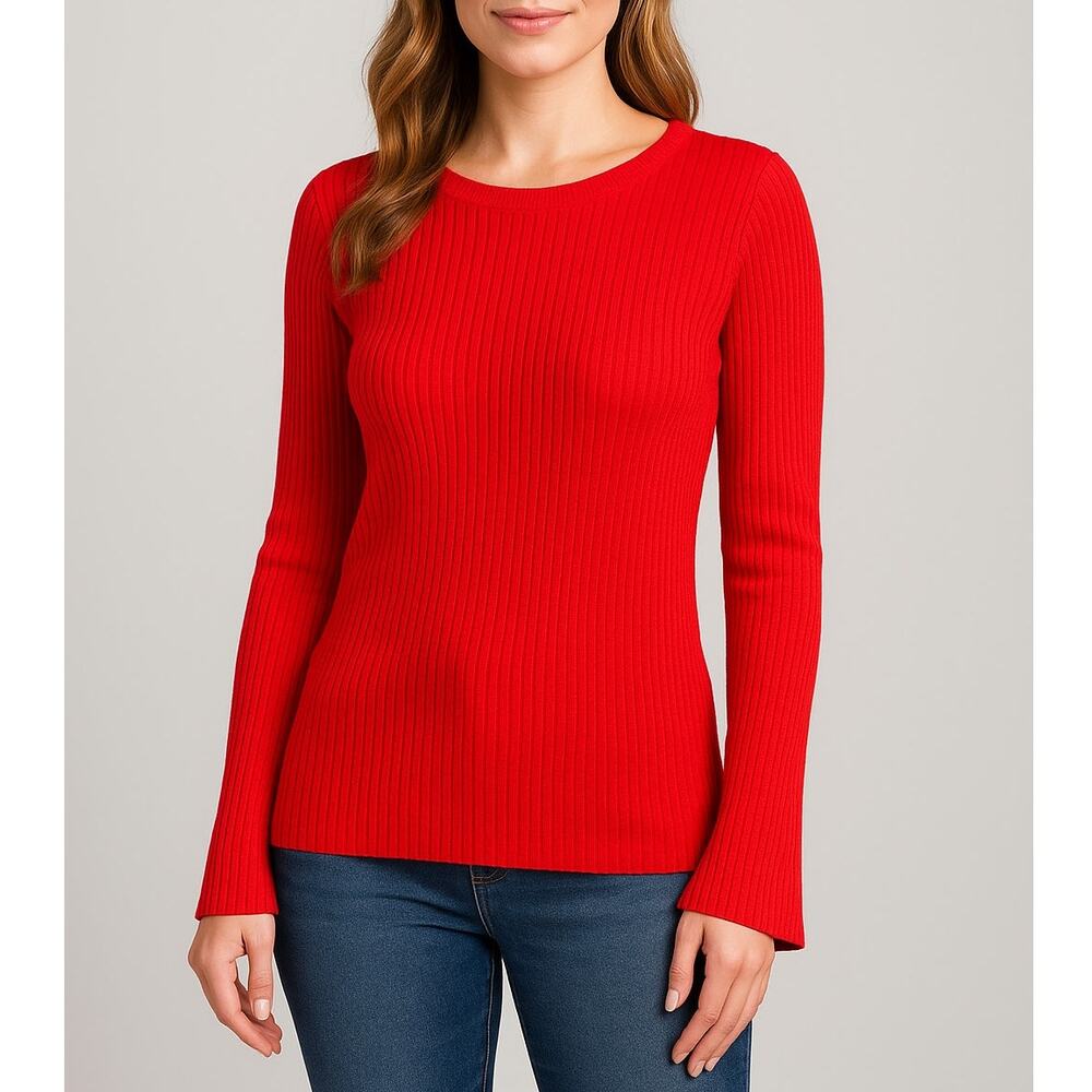 Attention Womens Red Ribbed XL Sweater Bell Sleeves Rayon Polyester